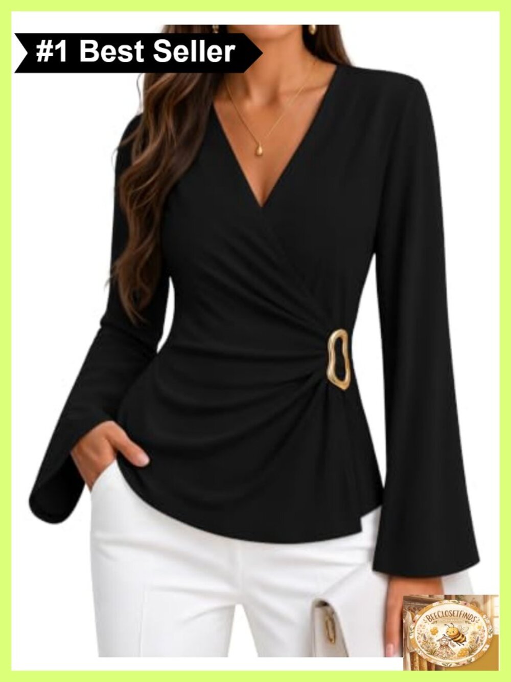 ZESICA Womens Wrap Blouse Long Bell Sleeve Business Casual Dressy Top